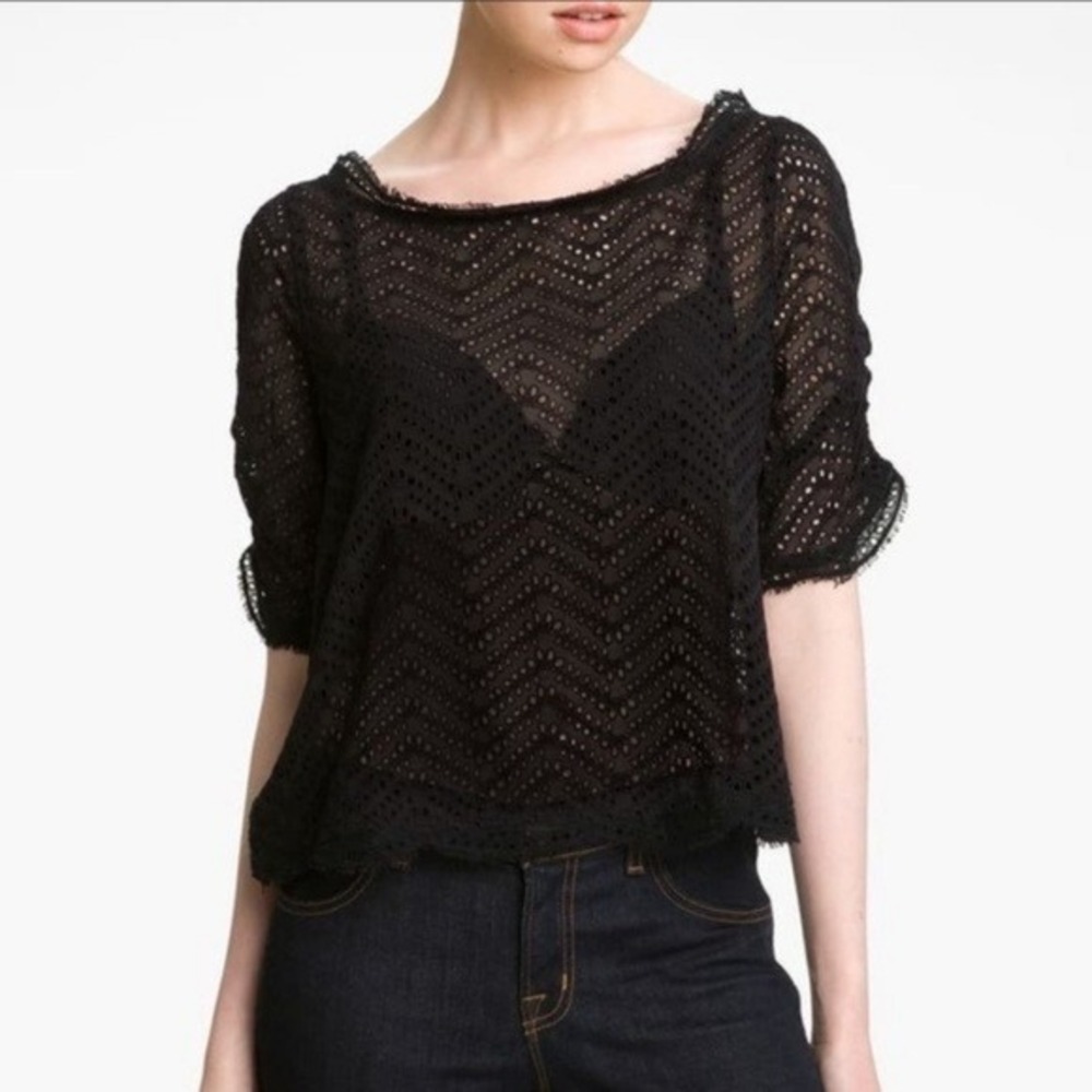 Joie Black Eyelet Puff Sleeve Sheer Silk Blouse Sz M Feminine Victorian Elegant